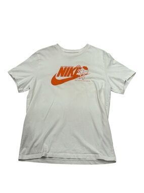 Nike White Short Sleeve Tee with Orange Swoosh Graphic